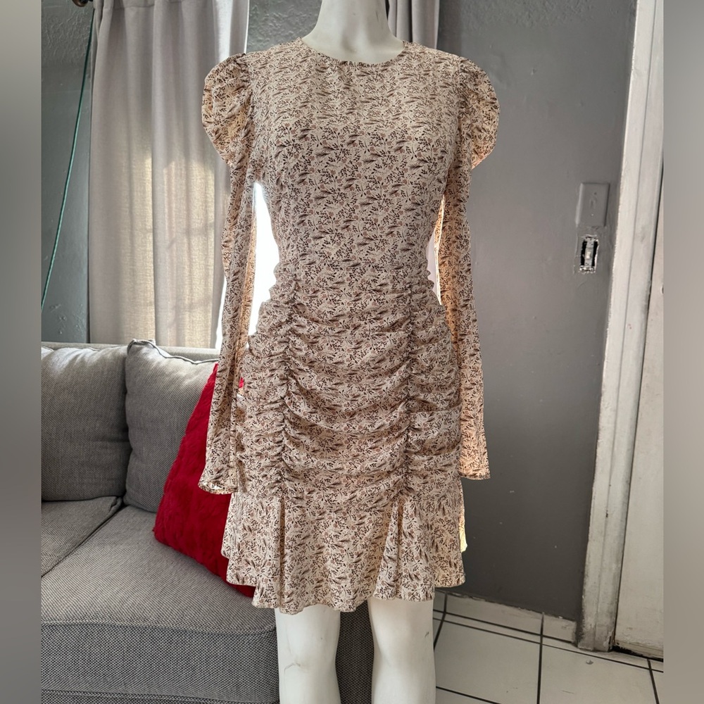 Long-Sleeve Ruched Floral Mini Dress in Beige